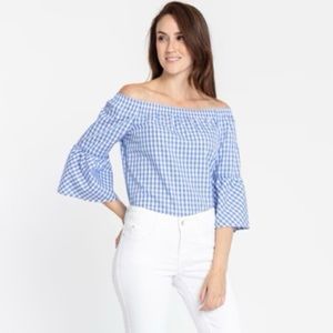 Blue and white gingham off the shoulder top